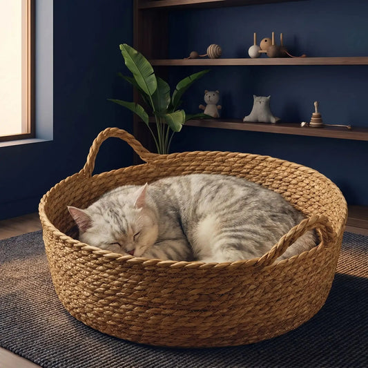 Panier chat en osier beige