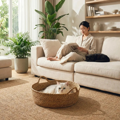 Panier chat en osier beige