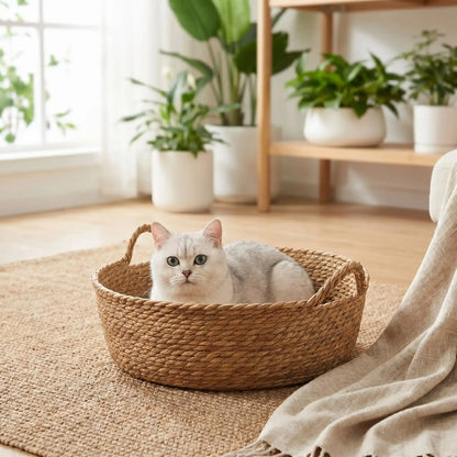 Panier chat en osier beige
