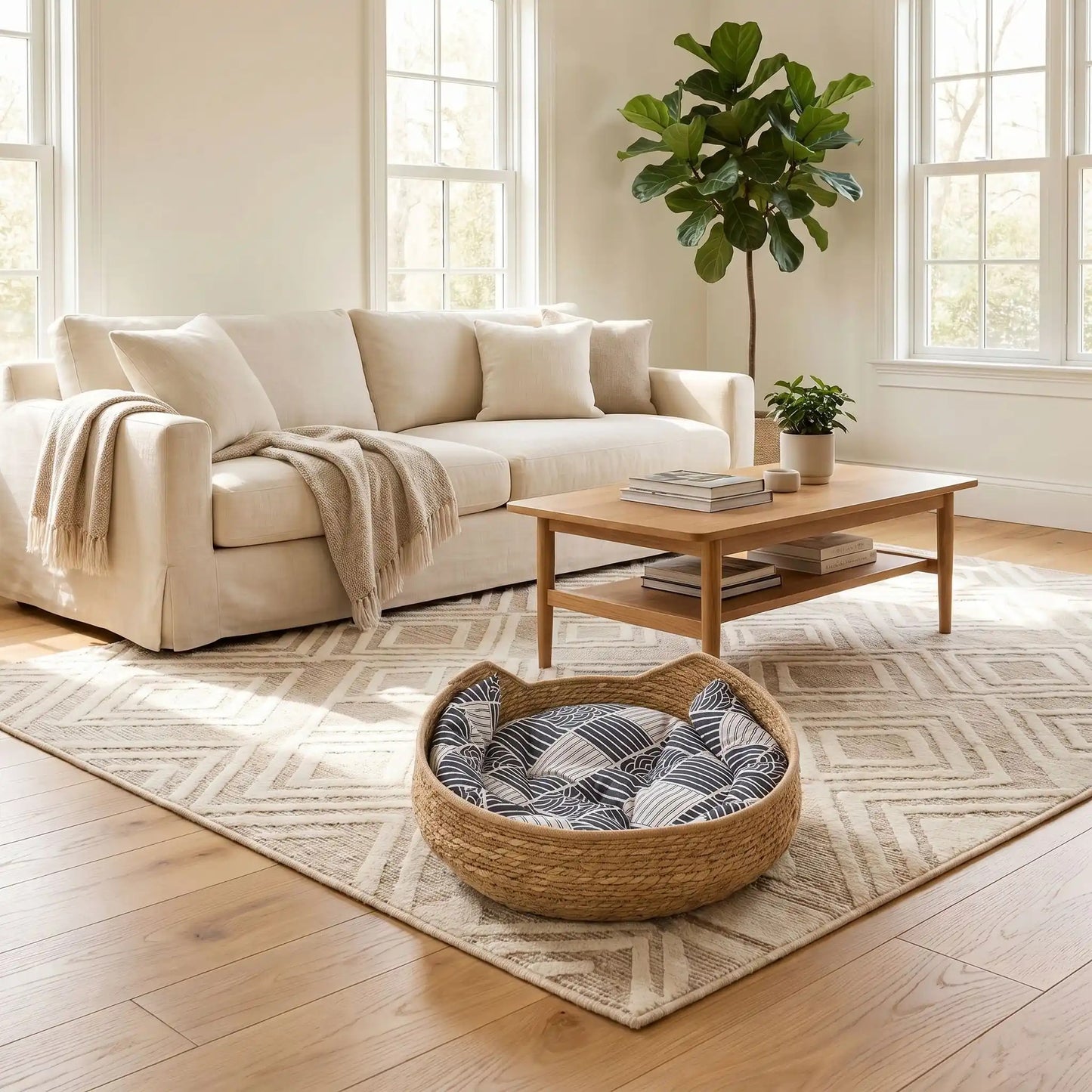 panier osier pour chat dans un salon