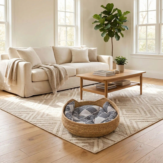 panier osier pour chat dans un salon