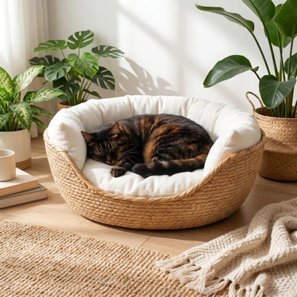 panier osier pour chat rond avec un chat qui dort