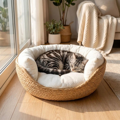 panier osier pour chat rond de couleur beige