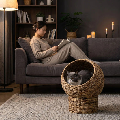 panier osier pour chat rond et confort