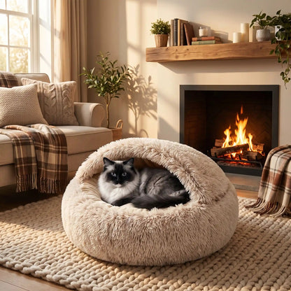panier pour chat de couleur beige semi fermé de forme ronde dans un salon avec un foyer
