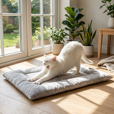 tapis chat de couleur gris et épais avec un chat s'étirant qui se lève de sa longue sieste dans un salon lumineux près d'une fenêtre