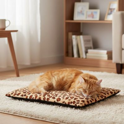 tapis chat avec motif de léopard avec un chat roux qui dort paisiblement dans un salon moderne 