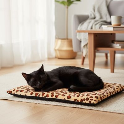 tapis chat de motif léopard avec un beau chat noir coucher dessus dans un salon chic et lumineux