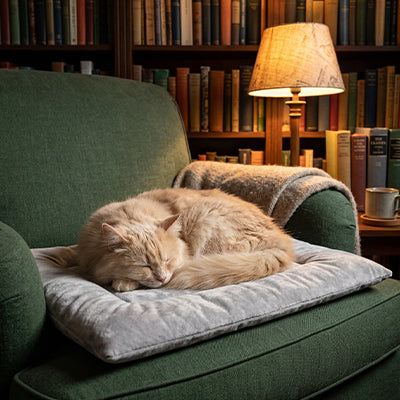 tapis chat de couleur gris sur un sofa d'un vert forêt avec un beau chat beige qui dort paisiblement et au fond de la pièce on voit une bibliothèque pleine de livres