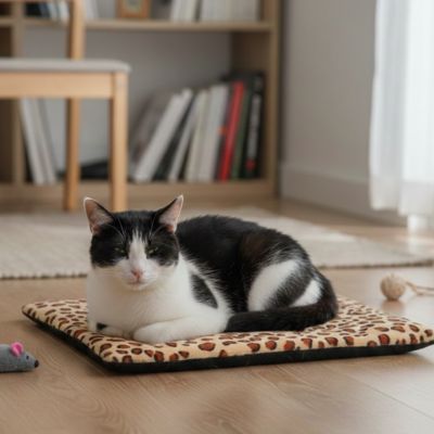 tapis chat avec motif de léopard avec un chat noir et blanc coucher dessus et se repose dans un pièce avec une bibliothèque avec des livres et une table