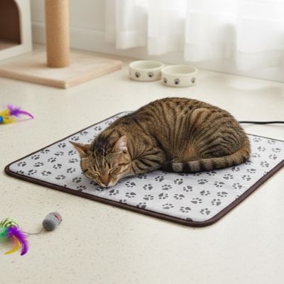 tapis pour chat de couleur gris avec motif de pattes et un beau chat tigré coucher dessus et qui dort confortablement 