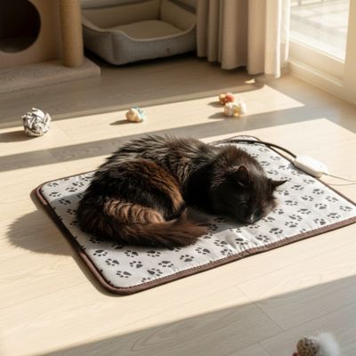 tapis pour chat de couleur gris avec motif de pattes et un beau chat noir à poils long coucher dessus et qui dort paisiblement