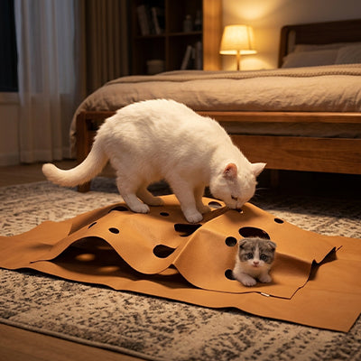 tapis pour chat fait de carton ondulé avec des trous pour le jeu et dormir et on voit deux chat un qui est coucher dans la sous partie et un sur le dessus