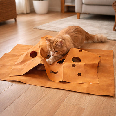 tapis pour chat fait de carton sécuritaire avec un chat qui joue dessus