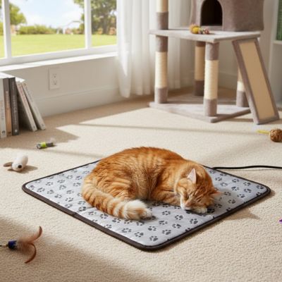 tapis pour chat de couleur gris avec motif de pattes dans un salon lumineux et un chat roux qui dort paisiblement sur ce tapis
