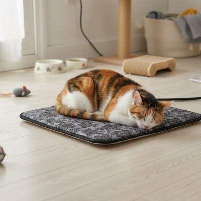 tapis pour chat de couleur gris et noir avec des motifs de fleurs et un chat qui dort profondément dessus