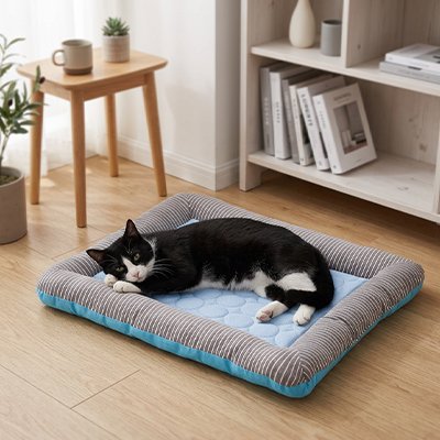 tapis rafraichissant chat de couleur gris et bleu avec un chat noir et blanc bien installer pour sa sieste