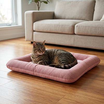 tapis rafraichissant chat de couleur rose avec un chat tigré bien installé pour sa sieste dans un salon chic