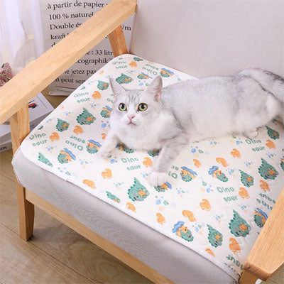 tapis rafraichissant chat de couleur blanc avec des motifs de dinosaures vert avec un beau chat blanc coucher dessus