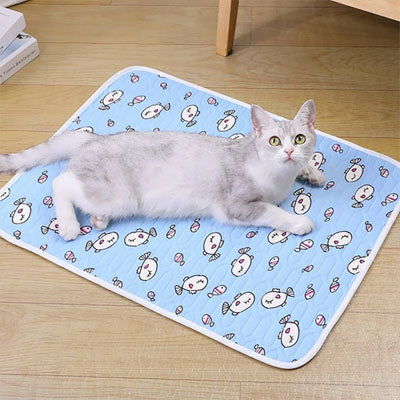 tapis rafraichissant chat de couleur bleu avec des petits poissons blanc avec un beau chat blanc coucher dessus