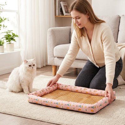 Tapis rafraichissant chat de couleur rose avec une femme qui le place au sol pour son chat blanc assis à côté d'elle pour s'y installer