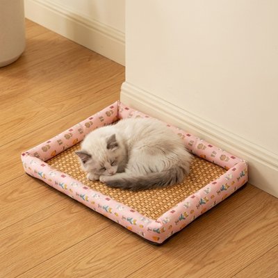 Tapis rafraichissant chat de couleur rose sur un plancher fait en bois naturel avec un chat à poils long coucher dessus confortablement