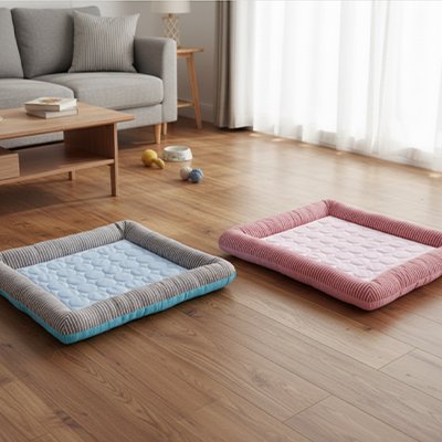 tapis rafraichissant chat un de couleur bleu et gris et l'autre de couleur rose et gris dans un salon moderne