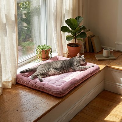 tapis rafraichissant chat de couleur rose avec un chat coucher dessus bien confortablement pour la sieste au bord d'une fenêtre