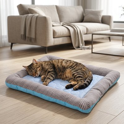 tapis rafraichissant chat de couleur gris et bleu dans un salon très chic et lumineux avec un chat qui dort paisiblement sur son tapis