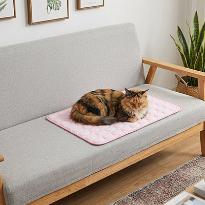 tapis rafraichissant chat de couleur rose pastel sur un canapé gris avec un chat à poils long bien installer pour sa sieste