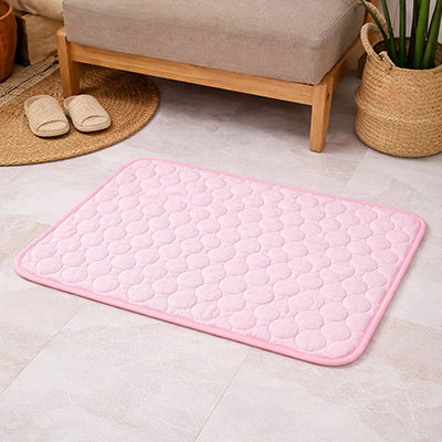 tapis rafraichissant chat de couleur rose pastel sur un sol blanc avec un canapé et décoration moderne