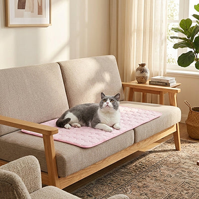 tapis rafraichissant chat de couleur rose pastel sur un canapé avec un chat blanc et gris coucher dessus prêt pour sa sieste dans un salon chic